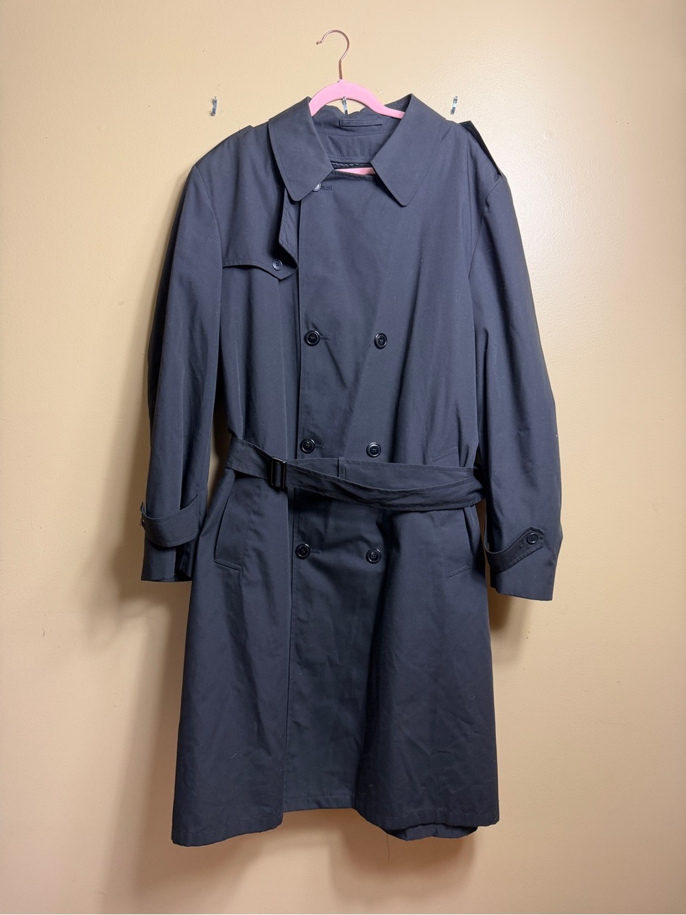 Vintage Botany 500 Trench Coat Mens XXL 48L Black Removable Faux Fur Liner USA